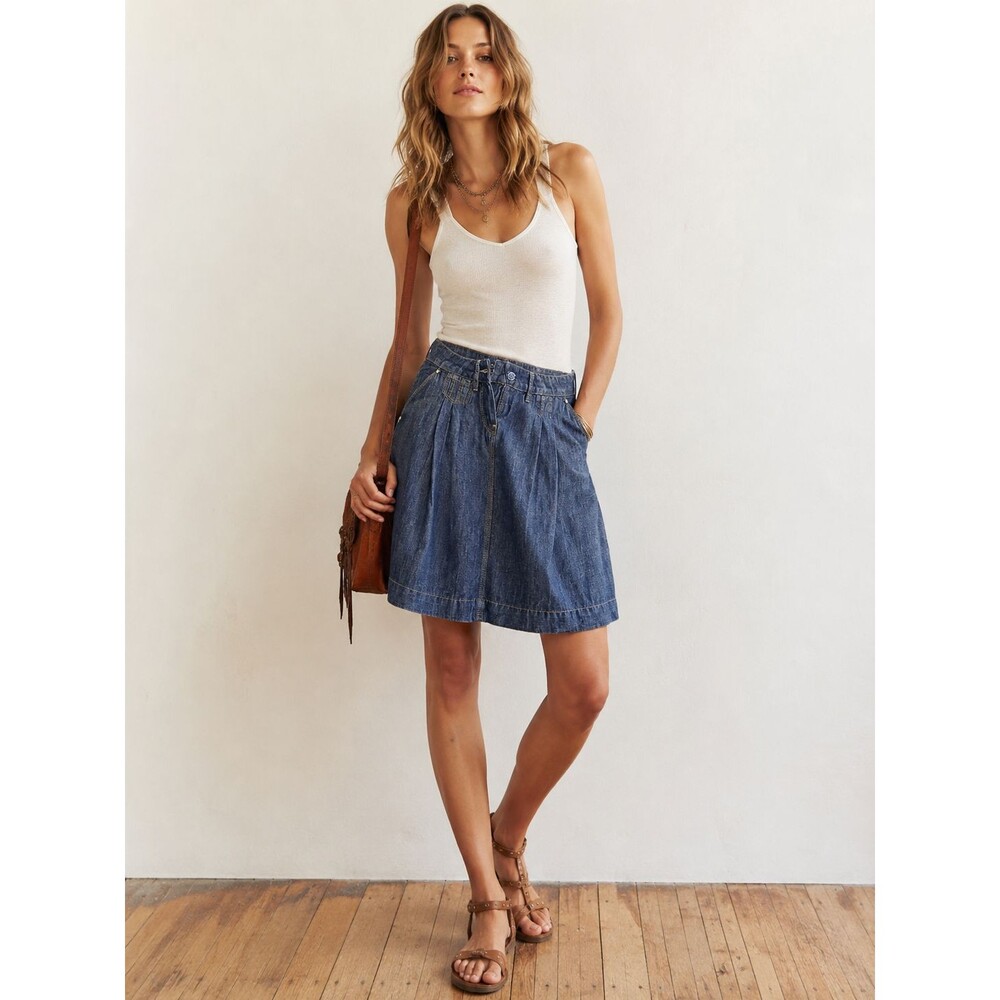 Massimo Dutti Linen Blend Chambray A-Line Pleated Mini Skirt Blue EU38 US 28